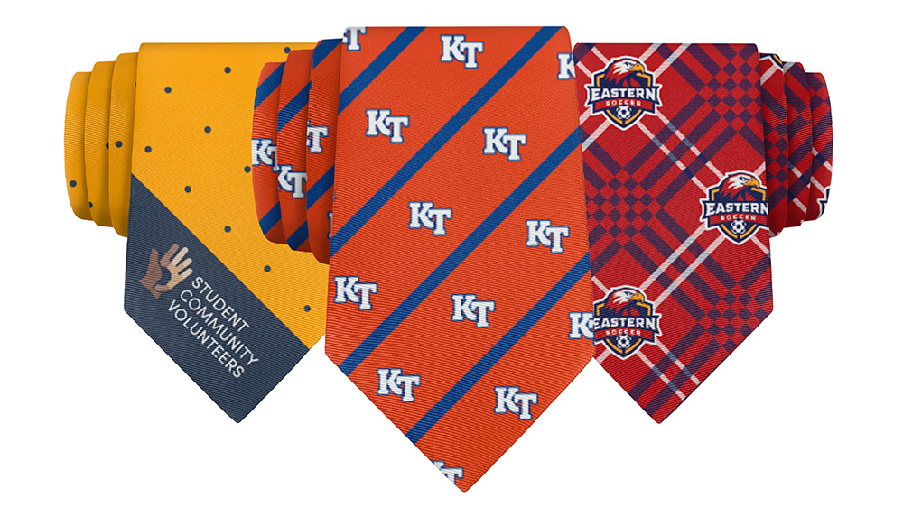 Three rolled neckties with custom school and team organization designs with logos