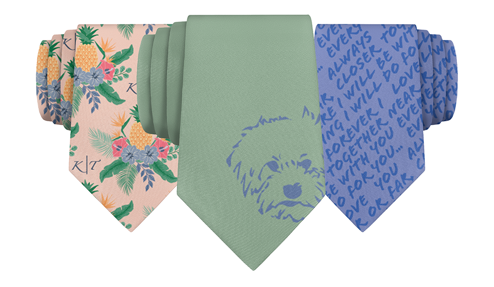 Three custom designed wedding neckties with custom dog and monogram designs