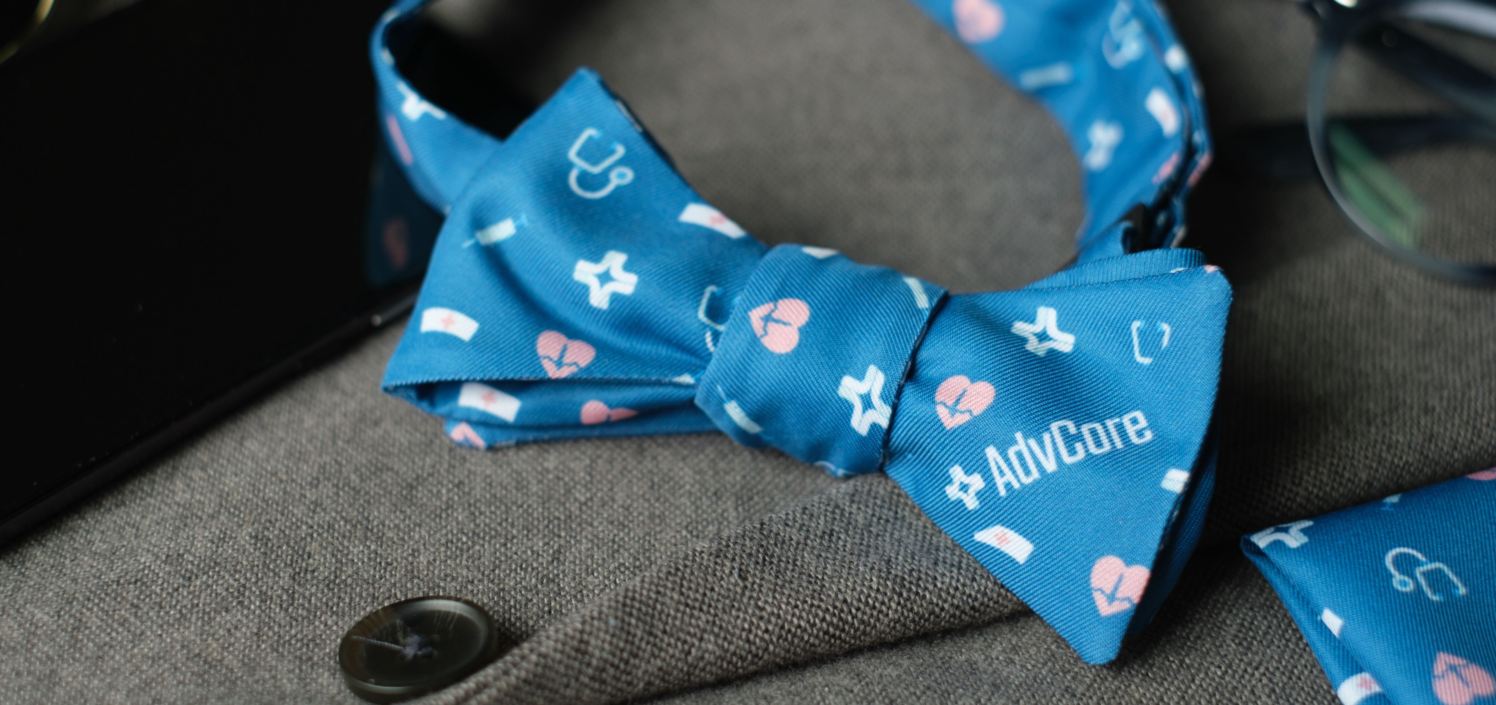 Custom bow tie with logo and icons