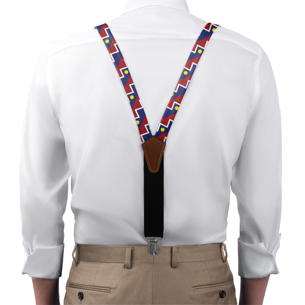 Denver Flag Suspenders - On Model Front View - Knotty Tie Co.