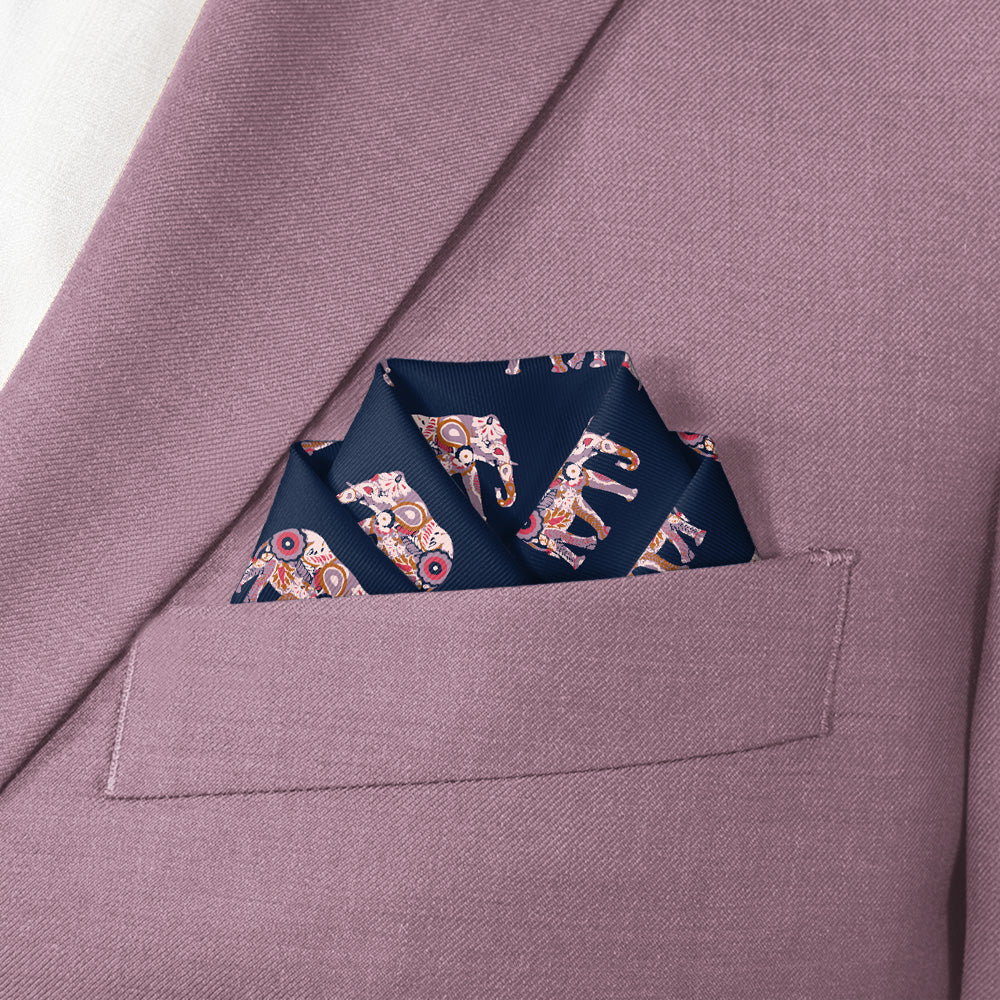 Floral Elephants Pocket Square - Scalloped Fold - Knotty Tie Co.