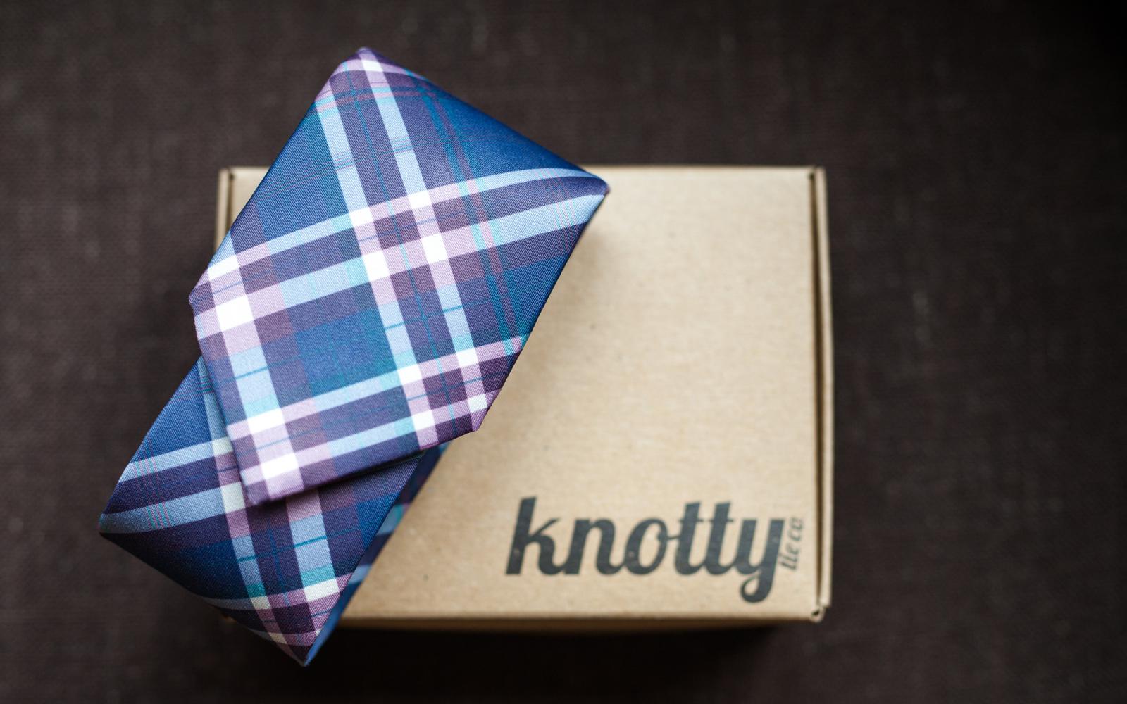 knotty necktie atop packaging