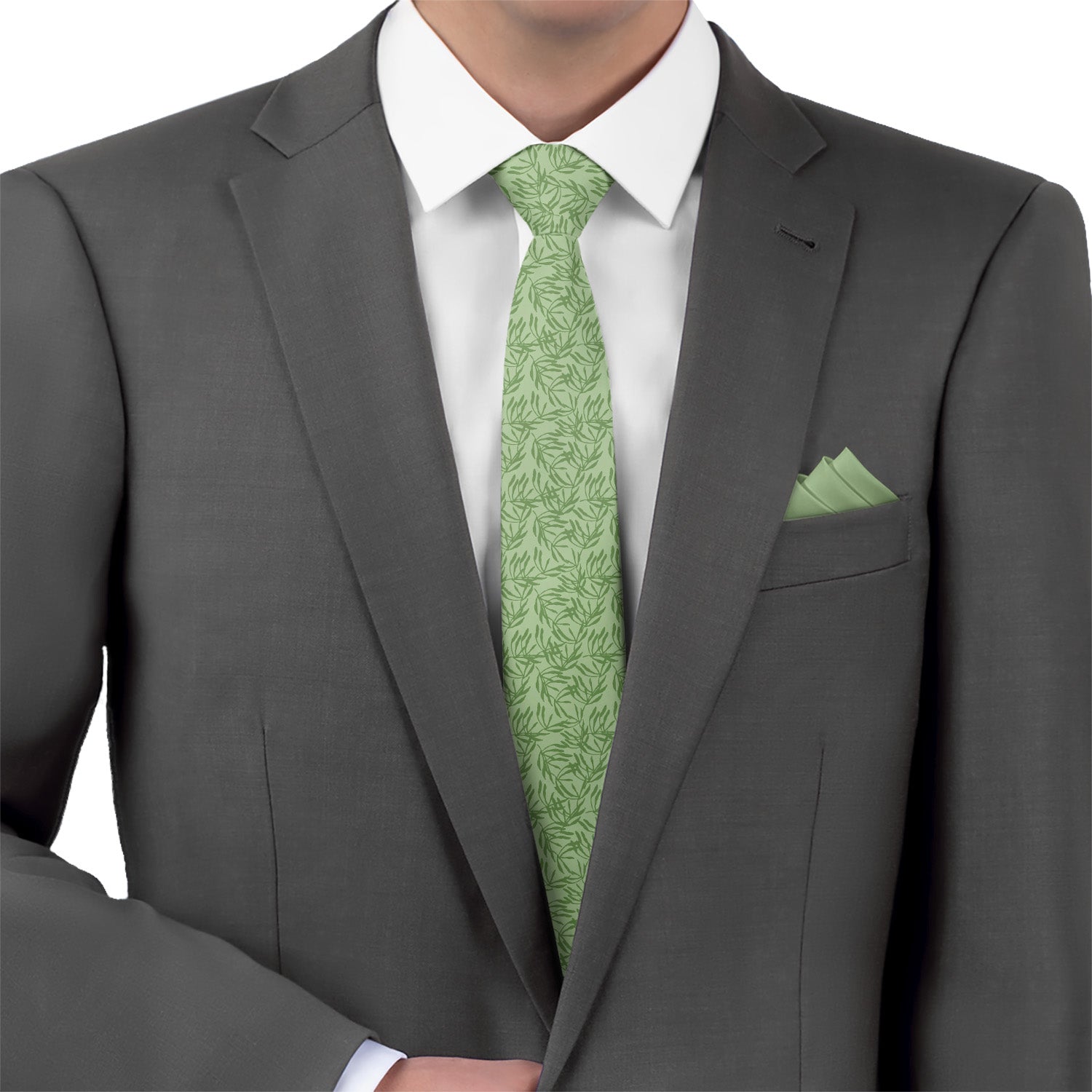 Olive Leaf Floral Necktie - Matching Pocket Square - Knotty Tie Co.