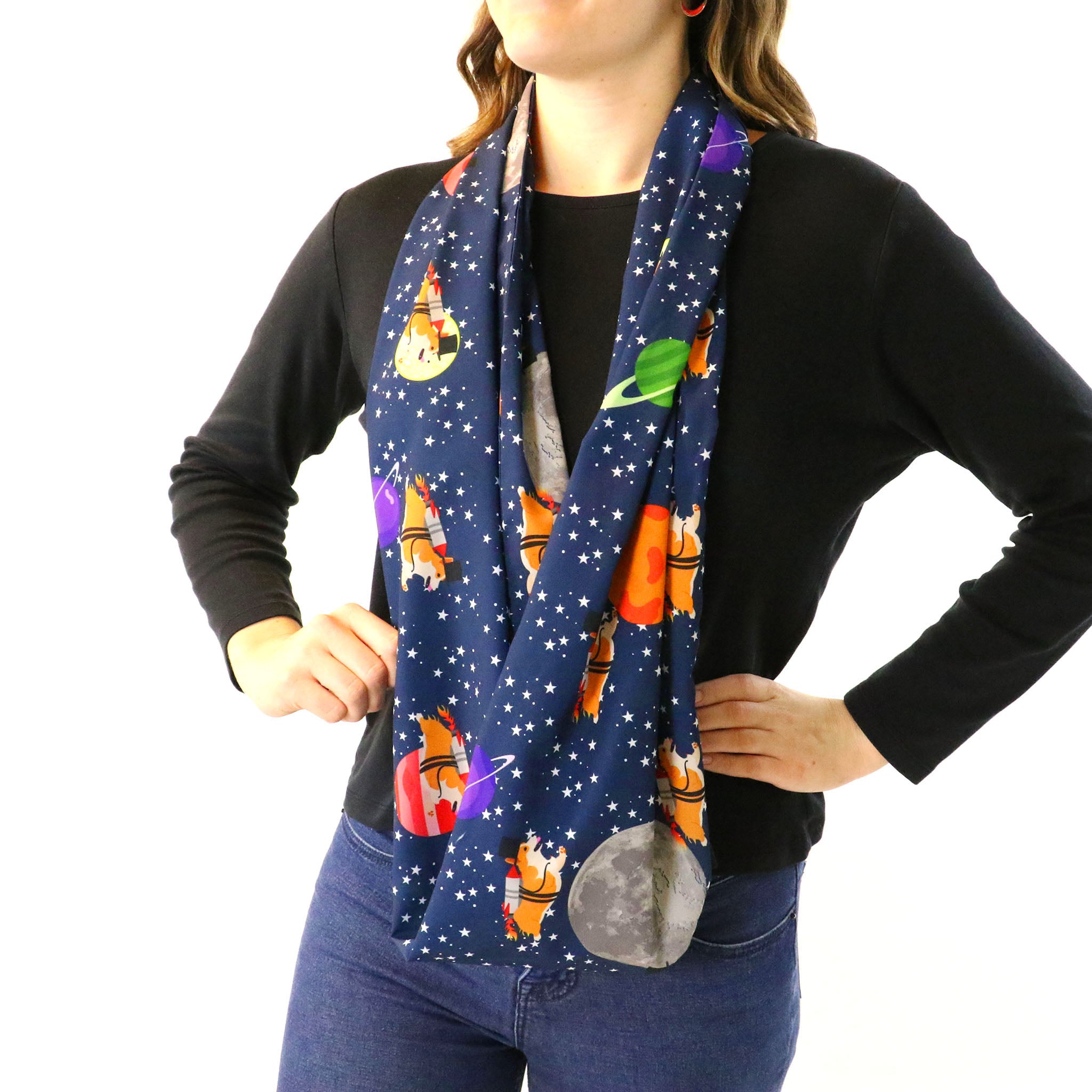 Galactic Corgi Infinity Scarf - Side View - Knotty Tie Co.