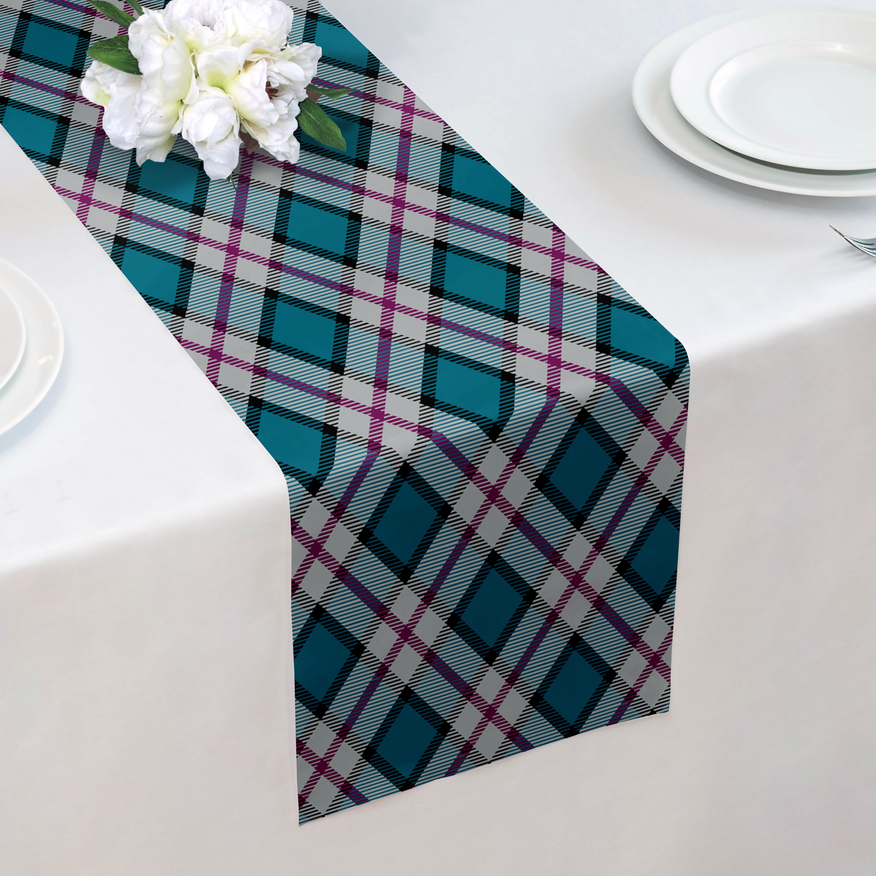 Harrison Plaid Table Runner - Over Table Edge - Knotty Tie Co.